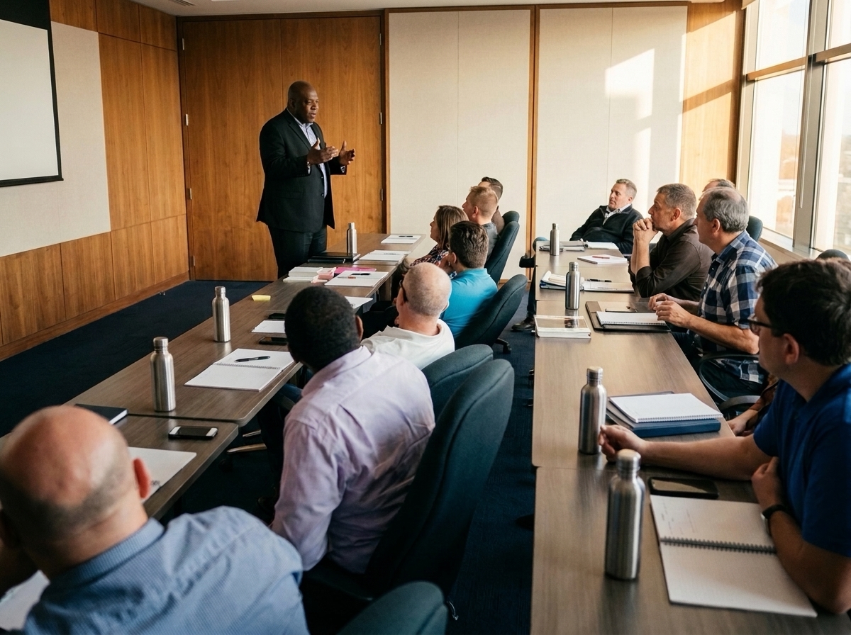 An instructor standing at the head of a boardroom table, addressing a seated group with notepads in front of them.